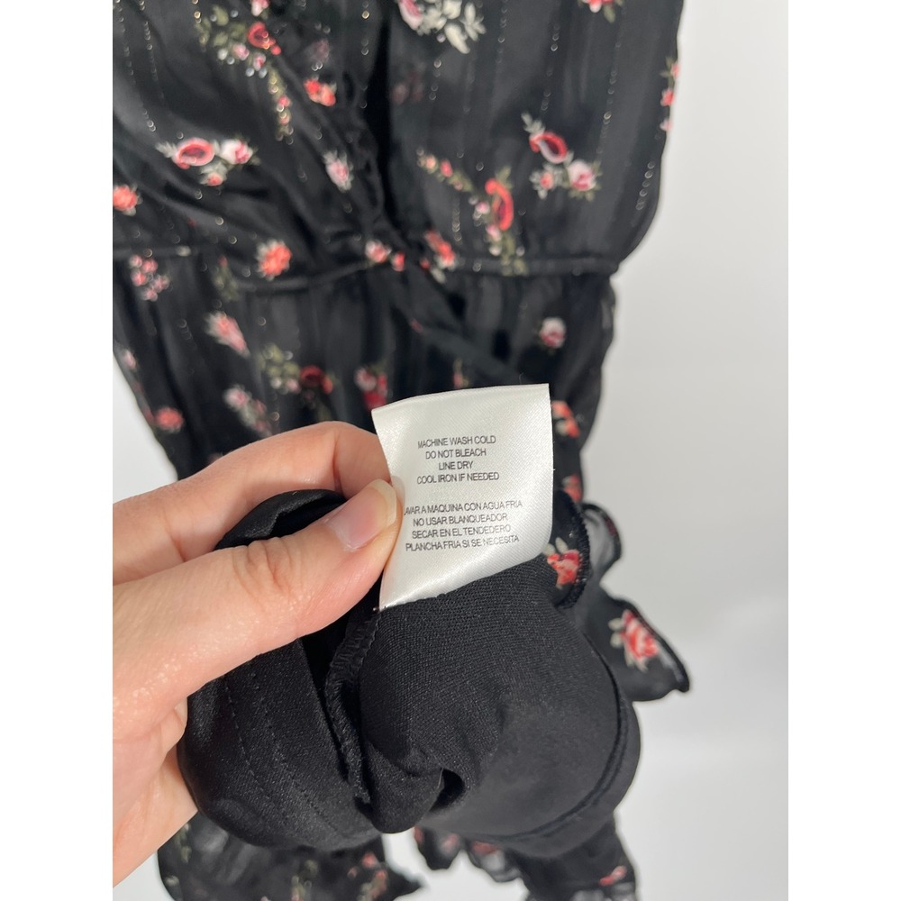 Whimsigoth Dark Fairy Wedding Guest Womens Dress M Black Floral Ruffle Wrap Top - Picture 5 of 8